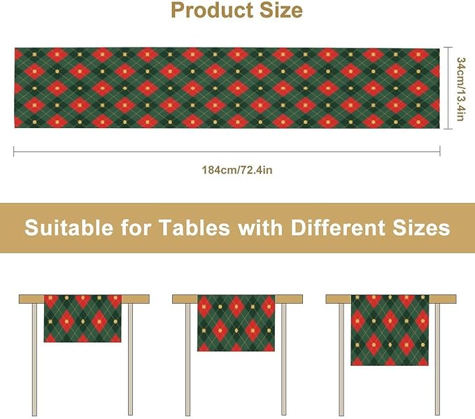 Christmas Table Runner,Green Red Xmas Plaid Table Cloth Kitchen Dining Table Decoration for Home Party Decor 13x108 Inch