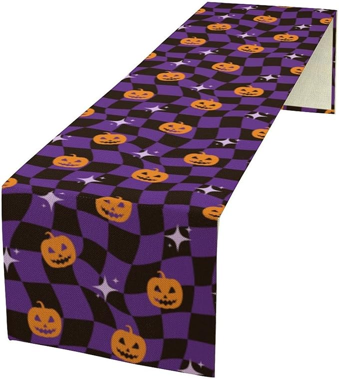Halloween Table Runner,Purple Checkered Pumpkin Table Runner for Kitchen Dining Table Decoration Home Party Decor 13x70 Inch