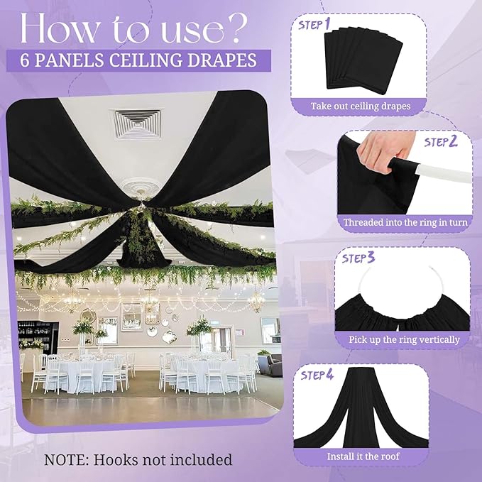 6 Panels Black Ceiling Drapes for Wedding, 5ftx30ft Ceiling Drapes Cheesecloth Sheer Fabric Curtain Wedding Arch Draping Fabric Romantic Ceilings Decorations for Weddings Party Ceremony Stage