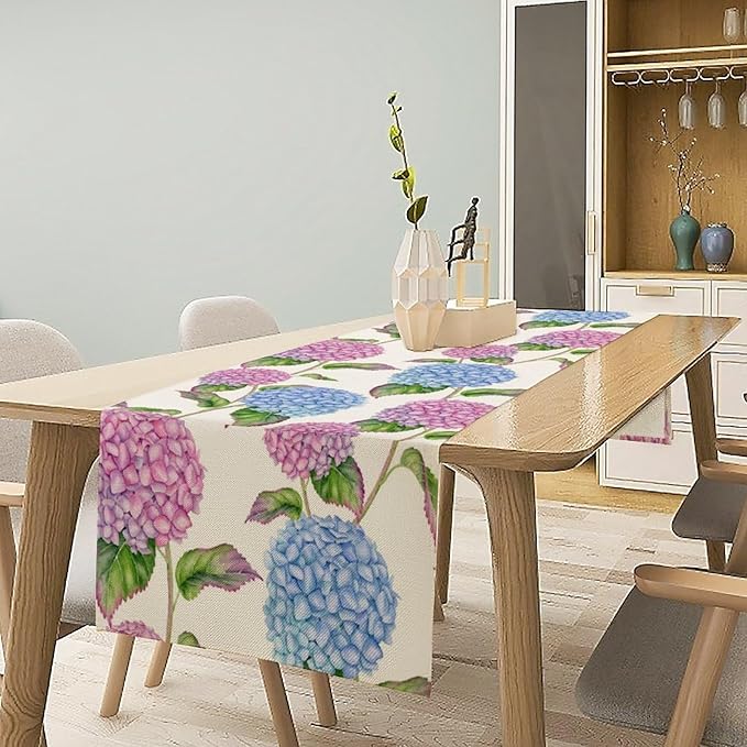 Spring Hydrangea Flower Table Runner, Seasonal Summer Plants Watercolor Pink Purple Florals Dinner Runner for Home Kitchen Dining Table Party Holiday Decoration 13"x108"