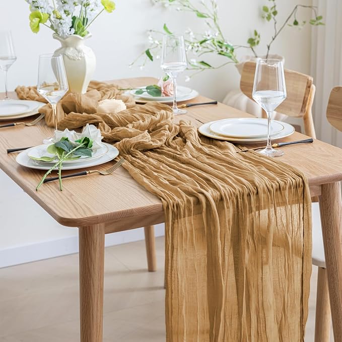 Asee'm 2pcs Cheesecloth Table Runner 120 Inches Long Khaki Boho Gauze Cheese Cloth Runner 10FT Rustic Sheer Table Runners for Christmas Wedding Party Baby Shower Spring Easter Decoration