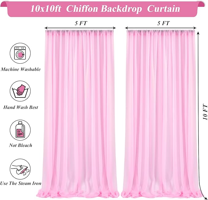 10x10ft Pink Chiffon Backdrop Curtain with Lights for Wedding Parties Baby Shower, Pink Sheer Backdrop Curtains for Girls Birthday Party Bridal Shower Photo Shoot Decor (5×10ft, 2 Panels)