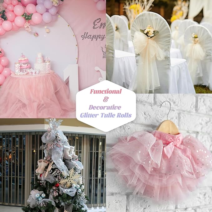 Glitter Tulle Rolls 6” by 50 Yards Sparkle Tulle Fabric Ribbon Sequin Tulle Netting Rolls for DIY Tutu Skirt Wedding Birthday Party Decoration (White/Color)