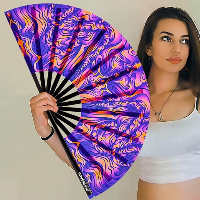 UV Glow Rave Fan, Bamboo Folding Clack Hand Fans Foldable for Men Women, Boots on the Ground Poping Fan for EDM Festival Line Dance Decoration, (Wellen, Medium 11")