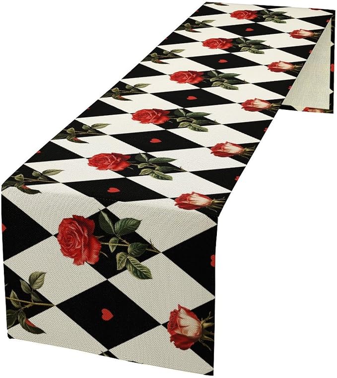 Vintage Rose Table Runner, Red Rose Hearts Black White Checkered Background Table Runner for Kitchen Dinning Table Runner Decor Home Wedding Party Holiday, 13x120 Inch