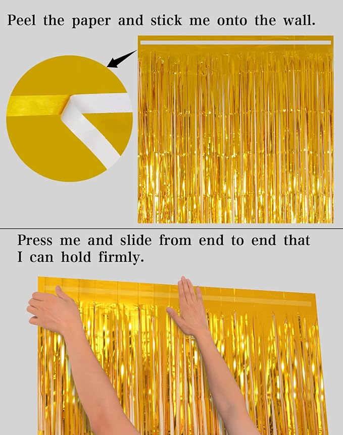 Foil Fringe Curtains Party Decorations - Melsan 3 Pack 3.2 x 8.2 ft Tinsel Curtain Party Photo Backdrop for Birthday Party Baby Shower or Graduation Decorations (Pure Gold)