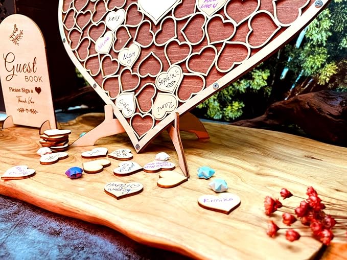 Wedding Guest Book Unique Wooden Heart Alternative GuestBook Bridal Shower Wedding Decoration with 83 Wooden Hearts 1 Sign Pen Set (Reddish Brown)
