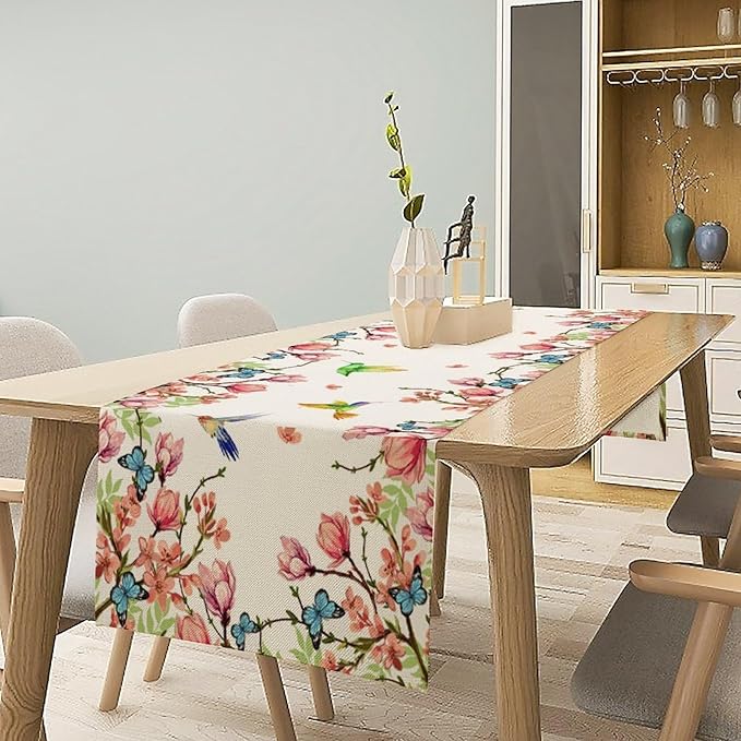 Vintage Watercolor Flower Hummingbird Table Runner Seasonal Spring Garden Plants Birds Florals Farmhouse Country Kitchen Dinner Runner Dining Table Decoration 13"x36"