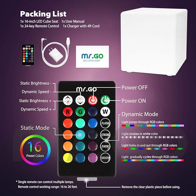 Mr.Go 16-Inch Rechargeable LED Cube Chair Light, 16 RGB Colors Glow Cube Seat w/Remote, Waterproof LED Cube Table, Color Changing Cubes Floor Lamp, Home Bedroom Patio Party Decorative Lighting