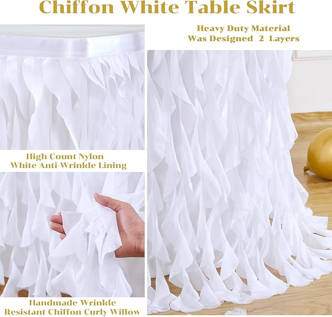 Partisky White Tulle Curly Willow Table Skirt for Rectangle Table 17ft, Ruffle Tutu Table Cloth for Wedding,Bridal Shower, Baby Shower,Birthday Party
