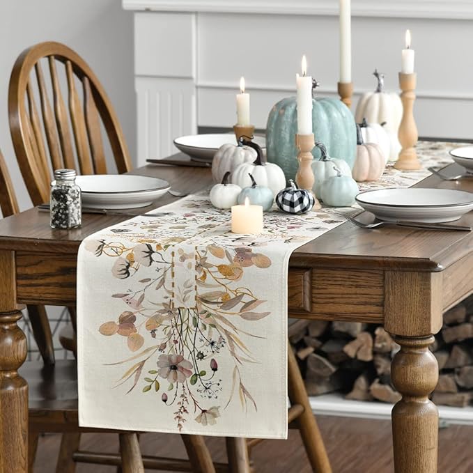 Artoid Mode Wildflower Leaves Floral Fall Table Runner, Autumn Thanksgiving Kitchen Dining Table Decoration for Indoor Outdoor Home Party 13x60 Inch