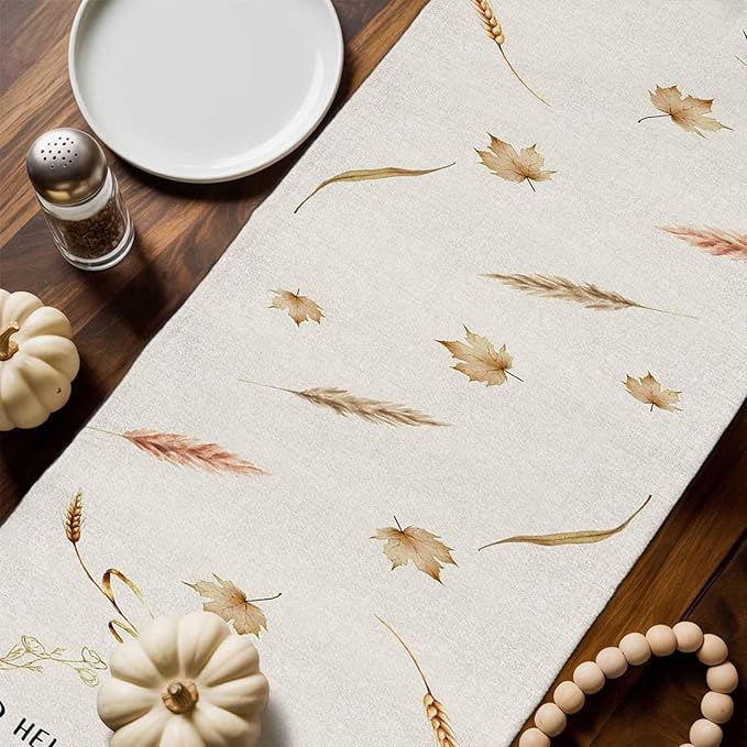 Fall Thanksgiving Cotton Linen Table Runner for Dining Kitchen, Orange Pumpkins Outdoor Party Autumn Tablerunners Decoration, Rustic Wheat Leaves Dresser Scarf Coffee Tablecloth Runners 13x36 Inches