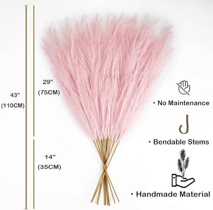 EVODIS Faux Pampas Grass 6 Stems, Artificial Pampas Grass - 43 inch Total Extra Large Pompass Grass Tall Pompous Boho Flower Arrangement and Floor Vase Filler Home Decor for Room Wedding Party