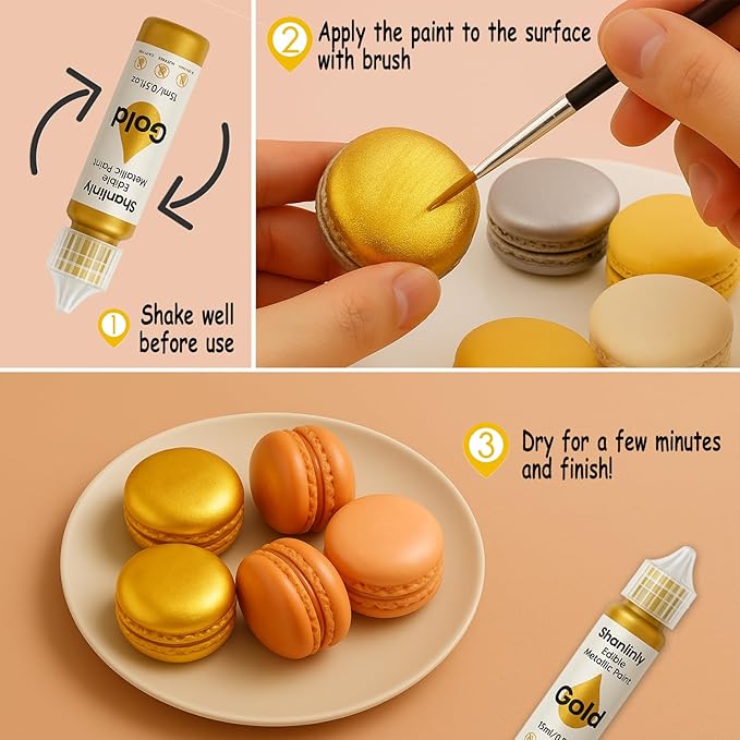 Edible Gold Metallic Paint for Baking – Food Grade Edible Gold Dust Drink Glitter for Shimmer Cake Decorating, Cookies, Cupcakes, Cocktails – 15ml Perfect for Holidays, Wedding, Birthday Decorating