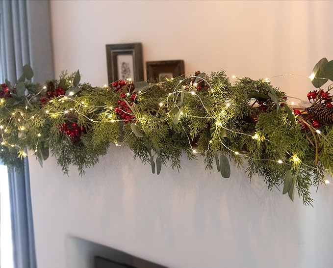 6.3FT Christmas 144 Branch Tips Cedar Garland with LED String Lights, Anna's Whimsy Seasonal Artificial Pine Cypress Garland, Holiday Indoor Outdoor Christmas Decor