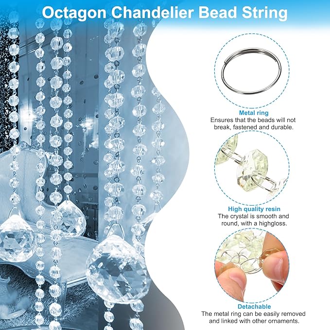 PATIKIL 14 mm Crystal Garland Strands, 98.4 Ft Acrylic Octagon Chandelier Bead Chains String for DIY Craft Wedding Party Home Decorative Jewelry Making, Champagne