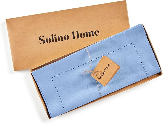 Solino Home Linen Cornflower Blue Hemstitch Table Runner 48 Inches - 100% Pure Linen Small Table Runner 14 x 48 Inch Ideal for Dresser and Coffee Tables - Classic Hemstitch - Christmas, Holiday