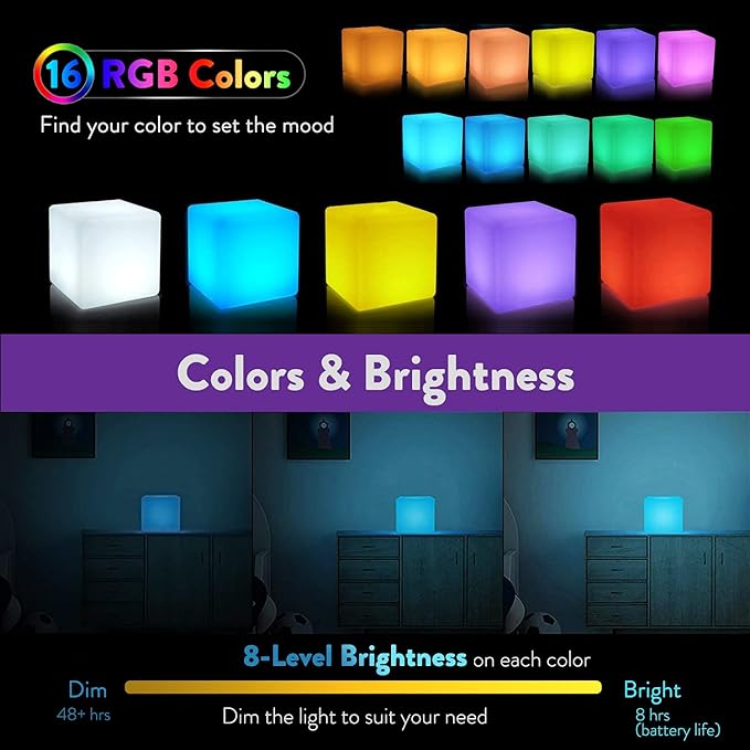 Mr.Go 4-inch Dimmable LED Night Light Mood Lamp for Kids and Adults - 16 RGB Colors - 8 Level Dimming - 4 Lighting Effect - Rechargeable - Remote Control - Decorative, Fun & Safe - White Finish Cube