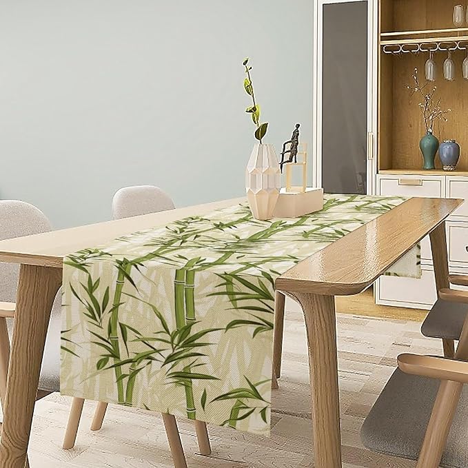 Bamboo Table Runner,Green Plant Leaf Pattern Table Cloth Kitchen Dining Table Home Party Decoration 13x60 Inch