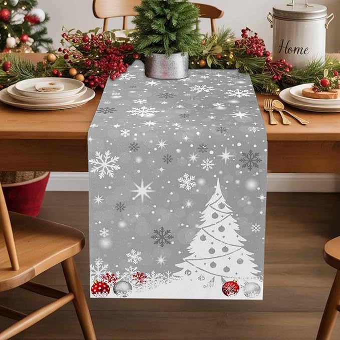 Christmas Snowflakes Cotton Linen Table Runner for Dining Kitchen, Xmas Tree Snow Winter Wedding Outdoor Party Tablerunners Decoration, Grey Balls Dresser Scarf Coffee Tablecloth Runners 13x72 Inches