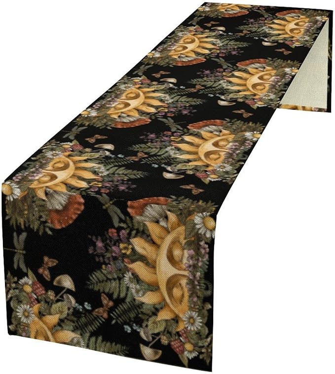Sun Moon Table Runner, Bohomian Mushroom Daisy Table Gothic Dragonly Butterfly Table Center Decor Table Runner for Indoor Outdoor Party Kitchen Dinner Black, 13x90 Inch