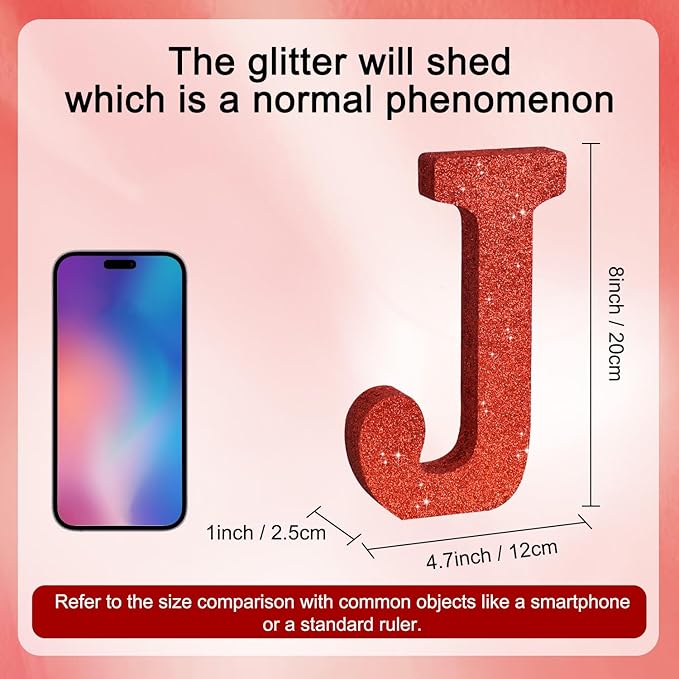TONIFUL 8 Inch Red Glitter Letter J Table Centerpiece A-Z Red Birthday Party Decorations,Red Alphabet J for Birthday,Chrismas,Graduation,Bridal Shower,Wedding,Anniversary Party Supplies