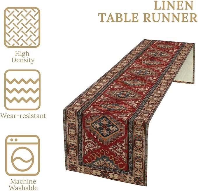 Boho Floral Vintage Table Runner, Red Grey Retro Flower Rustic Country Farmhouse Abstract Pattern for Home Kitchen Table Decor Dining Coffee Room Party Decor 13x108in
