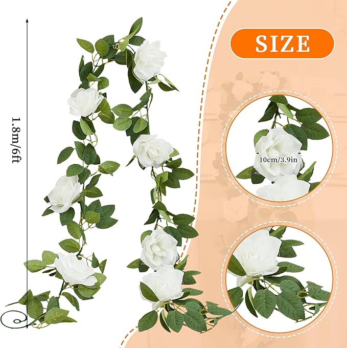 White Artificial Rose Garlands Rose Vines Leaves Banners Hanging Floral Garland Fake Rose Flower Vine for Wedding Arch Ceremony Home Garden Outdoor Party Wall Decorations