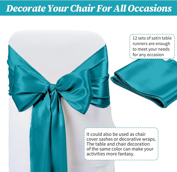 12 Pack Turquoise Satin Table Runner,12 x 108 inch Long Premium Smooth Table Runner for Wedding, Banquets, Birthday, Party,Graduation,Engagements,Table Runners fit Rectangle and Round Table