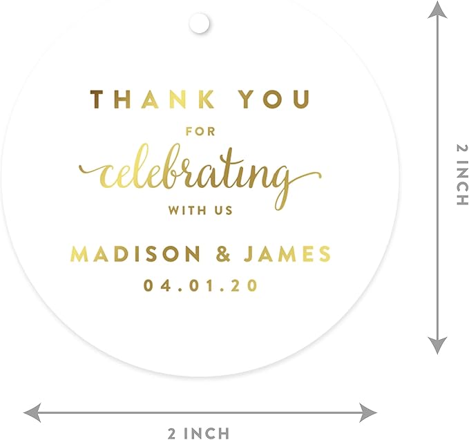 Andaz Press Personalized Round Circle Wedding Gift Tags, Metallic Gold Ink, Thank You for Celebrating with US, 24-Pack, Custom Made Any Name, Baby Bridal Shower, Baptism, Graduation, Business