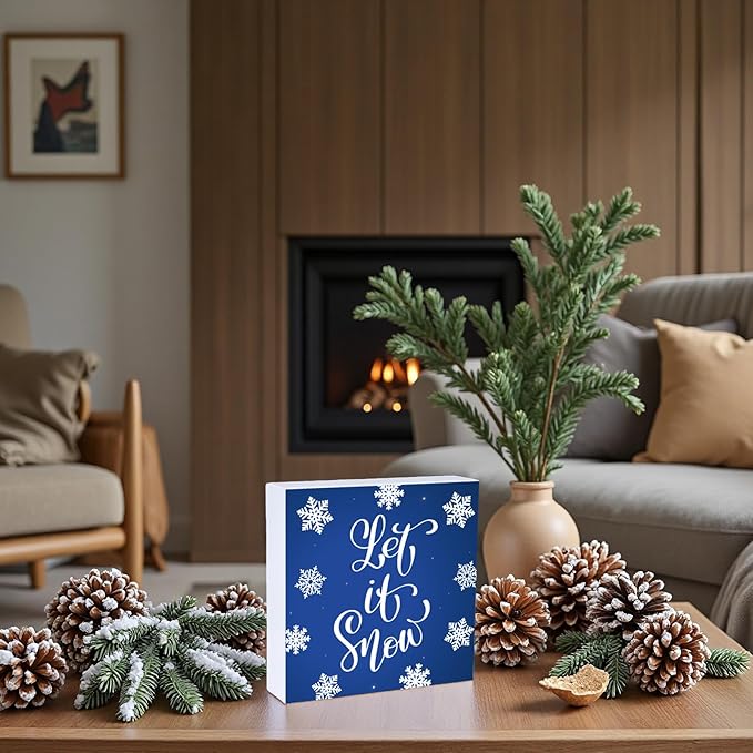Winter Decorations Indoor Winter Decor Let It Snow Home Room Snowflakes Table Wood Box Sign Rustic Wooden Shelf Desk Decor Season Sign House Warming Gifts 5.9 x 5.9 Inch