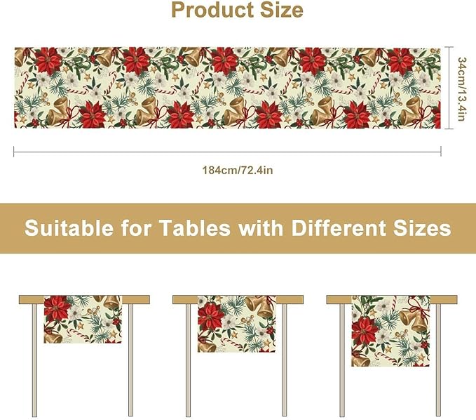 Christmas Table Runner, Seasonal Winter Xmas Holiday Kitchen Dining Table Decoration for Home Party Decor 13x36 Inch