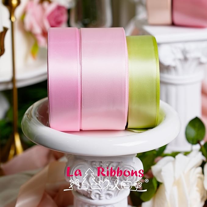 LaRibbons 1 Inch 50 Yard Double Faced Satin Ribbon,Rose Pink Satin Craft Fabric Ribbon for Gift Wrapping Floral Bouquets Wedding Party Decoration
