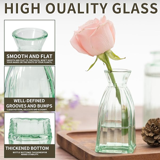 Vintage Small Glass Vases Set of 10,Mini Bud Vases for Flowers,Amber Glass Vases for Centerpieces,Wedding Decorations,Home Table Flower Decor(Sage Green)