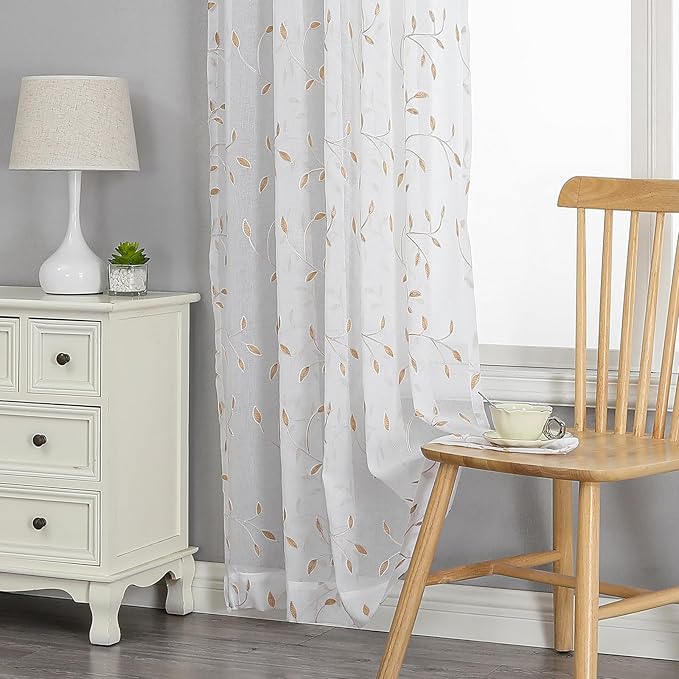 VISIONTEX White Sheer Voile Curtains, Decorative Orange Leaves Embroidery Faux Linen Rod Pocket Window Drapes for Home Kitchen, Living Room and Bedroom 54 x 95 Inch, Set of 2 Curtain Panels