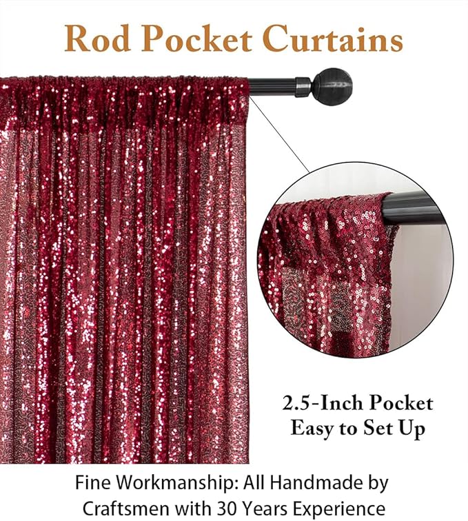 ShinyBeauty Sequin Backdrop 4 Panels Burgundy 2FTx8FT Fabric Photo Curtains for Party Baby Shower Glitter Backgrounds