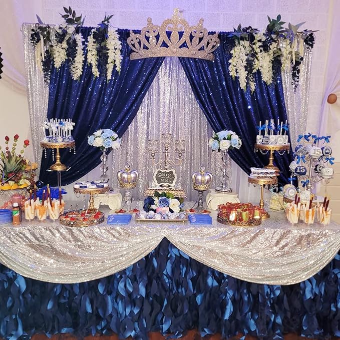 Poise3EHome Navy Blue Sequin Backdrop, 6Ft x 6Ft Glitter Satin Background Drapes for Weddings, Parties, Xmas, Thanksgiving Decor