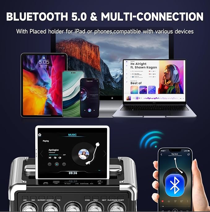Karaoke Machine with 2 Microphones: HWWR Portable Karaoke Machine for Adults Kids, Party Bluetooth Speaker with Bass/Treble Adjustment, PA System with Remote Control/LED Lights, Support REC/USB/AUX