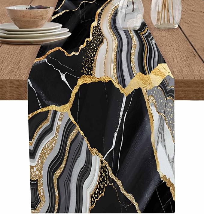 Geometric Black Marble Cotton Linen Table Runner for Dining Kitchen, Wedding Outdoor Party Tablerunners Decoration, Farm Marble Liquid Ripple Abstract Dresser Scarf Coffee Tablecloth Runners 13''x48''