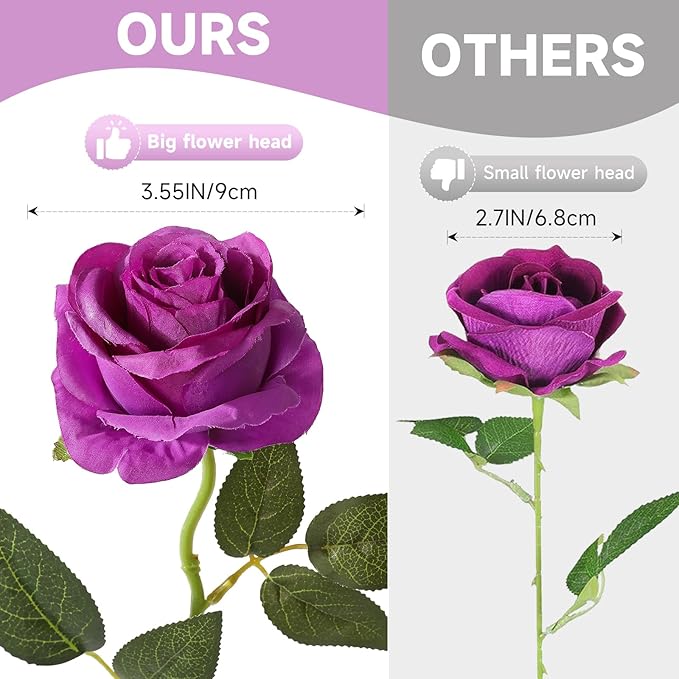 Tifuly Purple Roses Artificial Flowers - 12 pcs Realistic Single Long Stem Fake Silk Roses Bouquet for Party Home Wedding Centerpiece Office DIY Decor