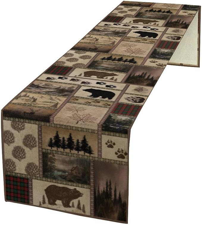 Retro Rusticd Cabin Table Runner Bear Country Farmhouse Vintage Lodge Table Runner for Party Dinner Festival Bedroom Living Room Kitchen 13x90 Inch