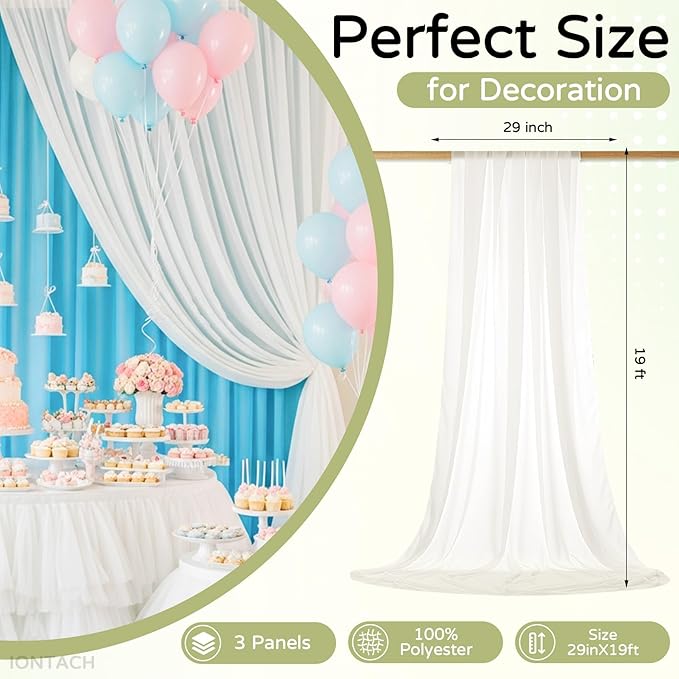 Wedding Arch Draping Fabric 29" x 19Ft Sheer Drapes for Backdrop Wedding Ceremony Reception Ceiling Decor Curtain Baby Bridal Shower Decoration (Ivory, 3 Panels)
