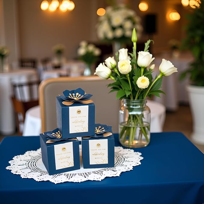 FEIYI 20 PCS Favor Boxes, 3 In 1 Navy Blue Candy Boxes with Floral Decor, White Thank You Tags Gold Foil Print Gift wrapping for Wedding, Baby Shower, Birthday, Decorations Party - 2.55x2.55x2.55