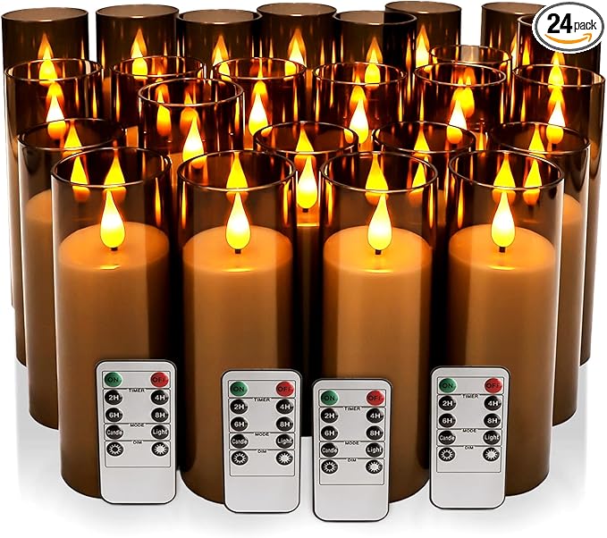 24-Pack Grey LED Flameless Pillar Candles with Remote Control - Perfect for Home, Parties, and Special Festivals Decorations - Indoor/Outdoor