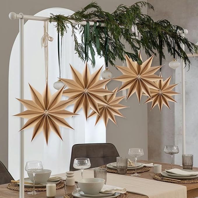 5 Pcs 12-Pointed Brown Paper Star Lanterns 12 Inch Hanging Lamp Rustic Paper Decorations Shade Scandi Home Party Decorations for Wedding Birthday Christmas