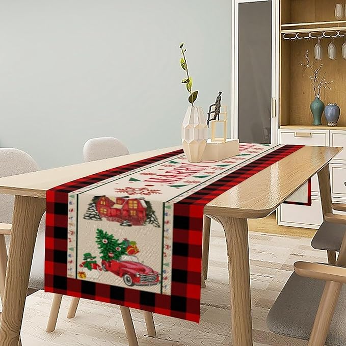 Merry Christmas Table Runner,Winter Xmas Holiday Table Cloth Kitchen Dining Table Decoration for Home Party Decor 13x120 Inch