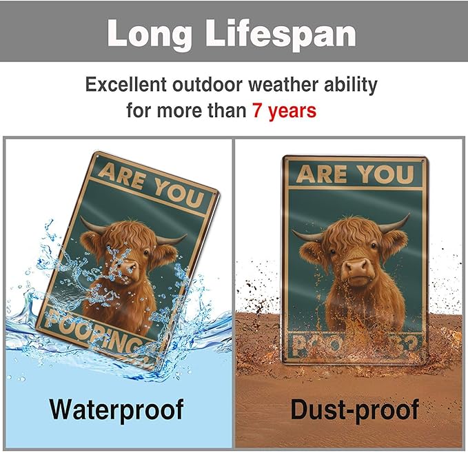 Funny Highland Cow Bathroom Sign - "Are You Pooping?" Vintage Western Tin Wall Decor for Restroom, Toilet or Farmhouse - 8" x 12" Metal Sign