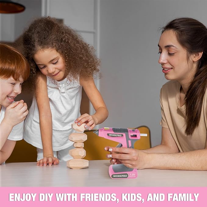 WORKPRO Pink Cordless Hot Melt Glue Gun, 7.2V Rechargeable Fast Preheating Glue Gun Kit with 20 Pc Premium Mini Glue Stick, Automatic-Power-Off Hot Glue Gun for Art, Craft, Decoration - Pink Ribbon