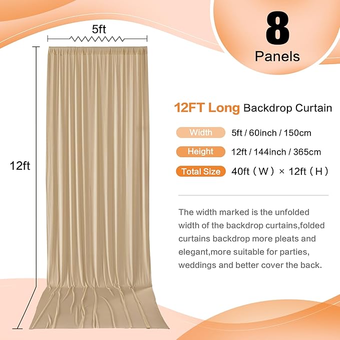 40×12 ft Wrinkle Free Beige Backdrop Curtain for Weddings Parties, 8 Panels 12ft Silky Polyester Wedding Drapes Backdrop Photo Back Drop Cloth for Birthday Baby Shower Photography Backgrounds