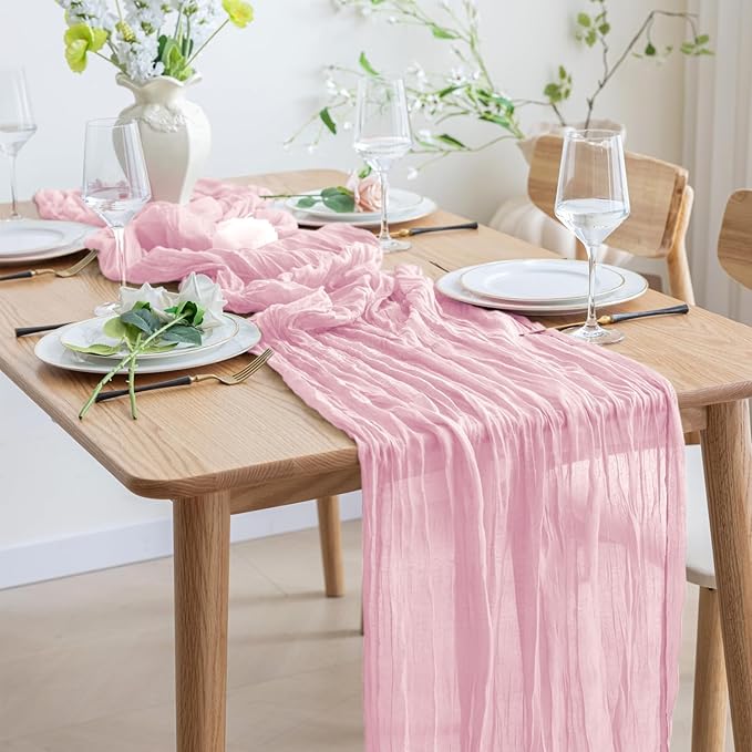 Asee'm Cheesecloth Table Runner 120 Inches Blushing Pink Boho Gauze Cheese Cloth Runner 10FT Rustic Sheer Fall Table Runners for Thanksgiving Wedding Baby Shower Holiday Party Decoration